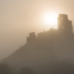 Corfe Castle, rising sun
